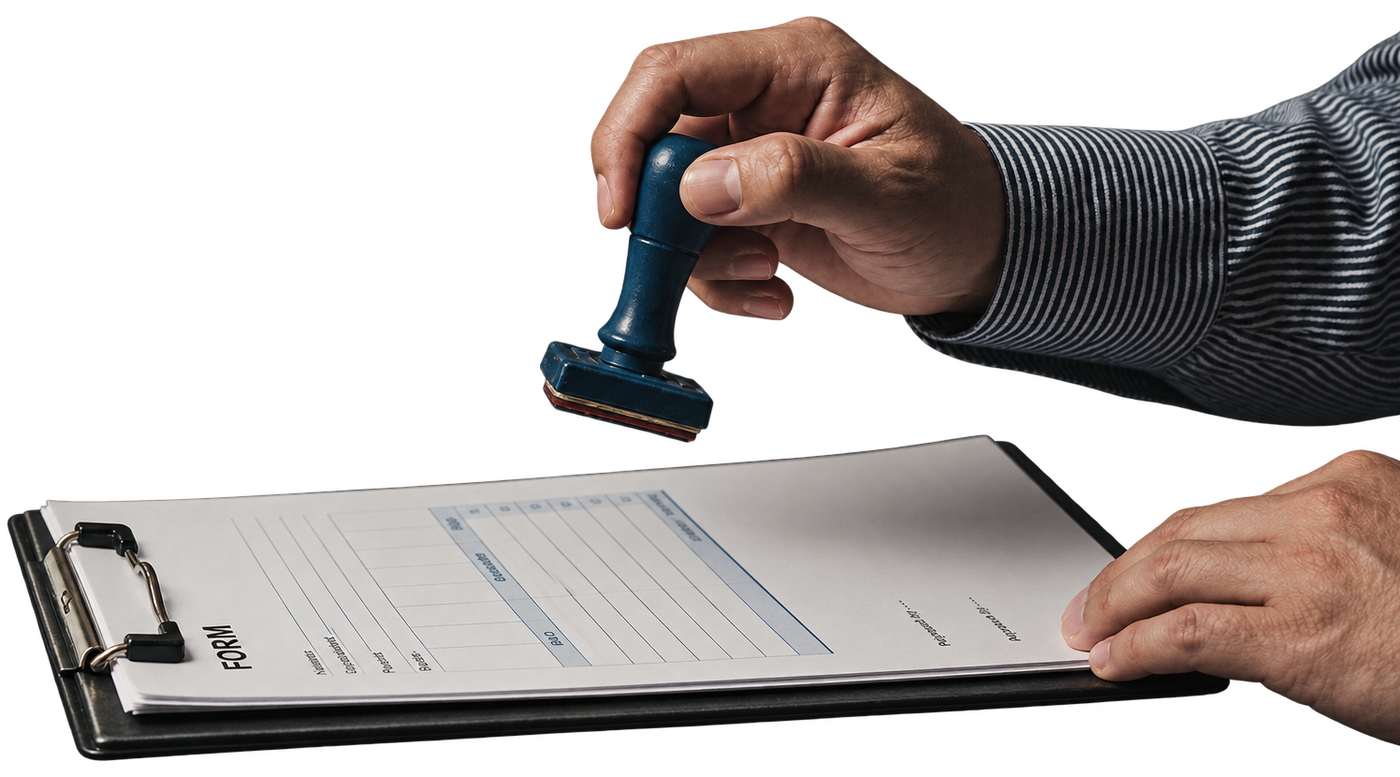 Een hand houdt een stempel boven een ingevuld formulier: de offerte is klaar, alleen de stempel nog.